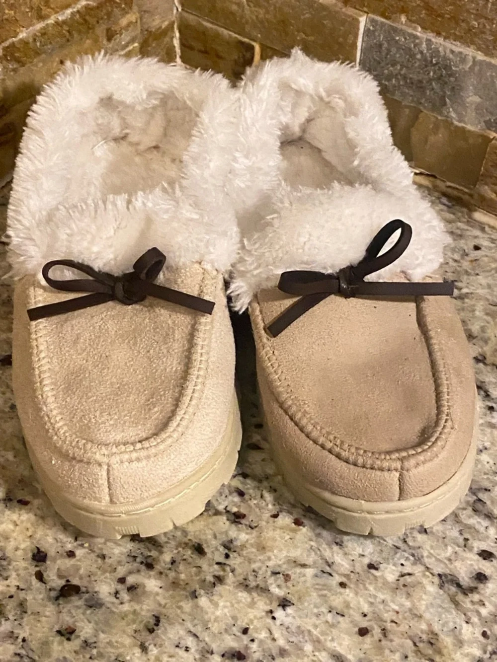 Cozy Faux-Fur Lined Moccasin Slippers with Bow - Light Beige
